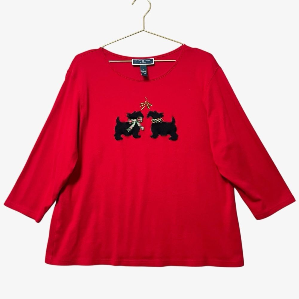 Karen Scott Scottie Dog Holiday Tee Size 1X Red 3/4 Sleeve 100% Cotton